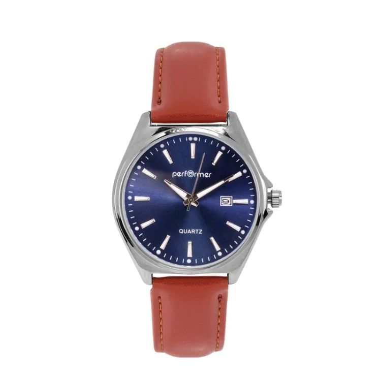 Montre Performer - Classique - Simili Cuir Marron - Cadran Bleu