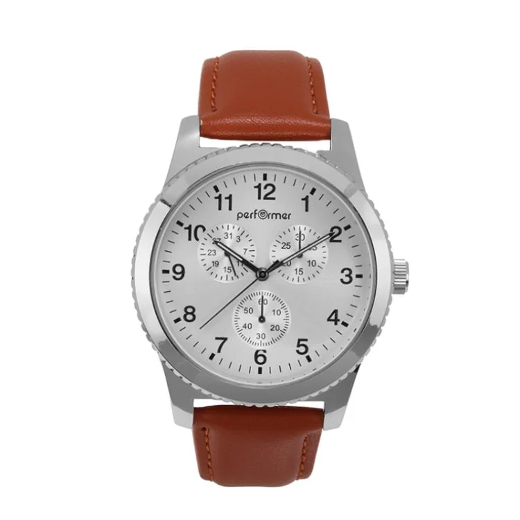 Montre Performer - Classique - Simili Cuir Marron - Cadran Argent