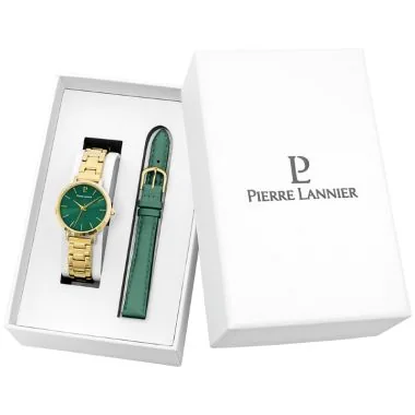 Packaging Montre Pierre Lannier - Chouquette - Acier Doré Cadran Vert