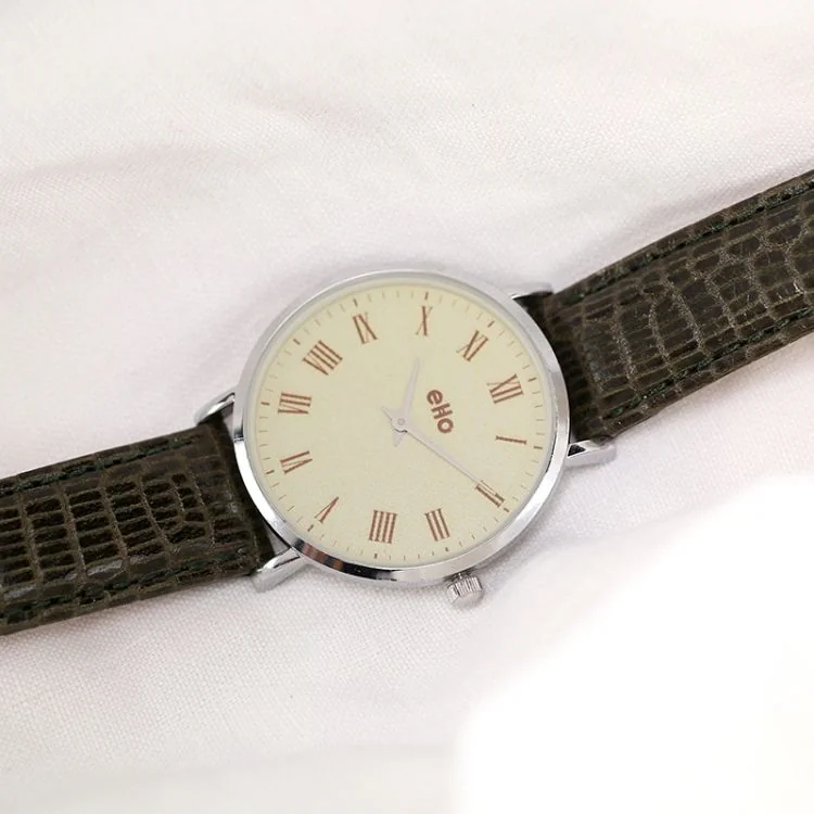 Montre Upcyclé eHo - Collection Vintage - Vintage Verte Autruche - A plat