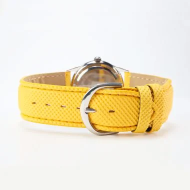 Face Montre Ecoresponsable eHo Cuir Jaune Cadran Blanc Tournesol Arrière