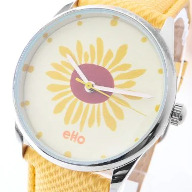 Face Montre Ecoresponsable eHo Cuir Jaune Cadran Blanc Tournesol Zoom