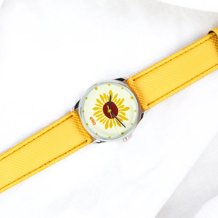Face Montre Ecoresponsable eHo Cuir Jaune Cadran Blanc Tournesol Arrière
