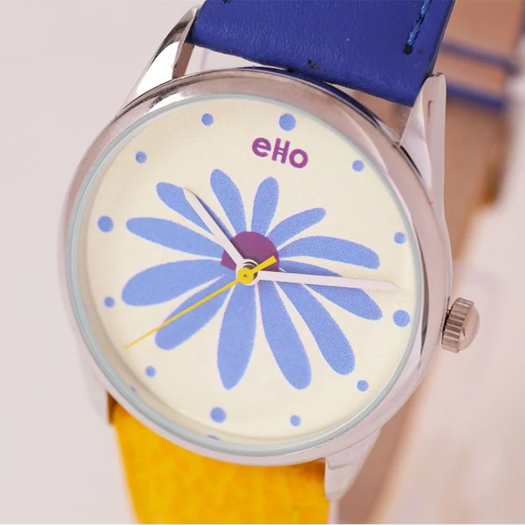 Zoom Cadran Montre Ecoresponsable eHo Cuir Jaune Bleu Cadran Blanc A Fleur