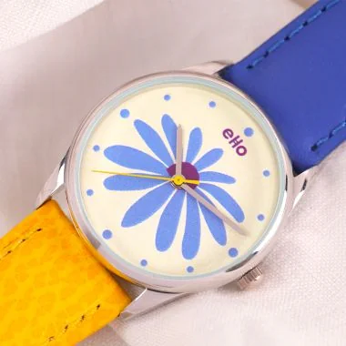 Arrière Montre Ecoresponsable eHo Cuir Jaune Bleu Cadran Blanc A Fleur