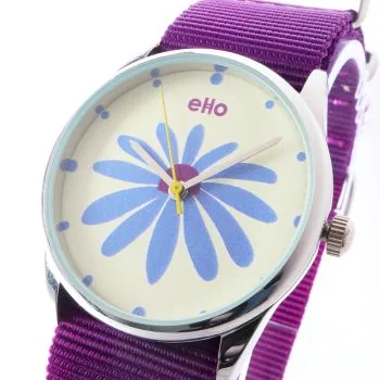 Face Montre Ecoresponsable eHo Textile Violette Cadran Blanc A Fleur Zoom