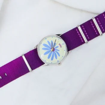 Face Montre Ecoresponsable eHo Textile Violette Cadran Blanc A Fleur A Plat