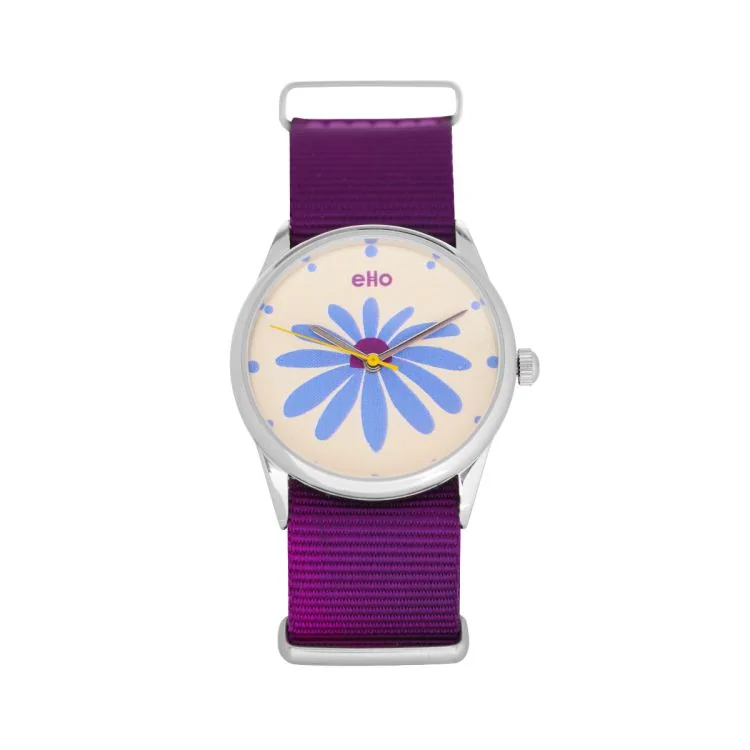 Face Montre Ecoresponsable eHo Textile Violette Cadran Blanc A Fleur