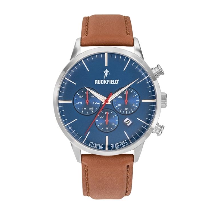 Montre Ruckfield - Rugby - Chronographe - Cuir Marron et Cadran Bleu