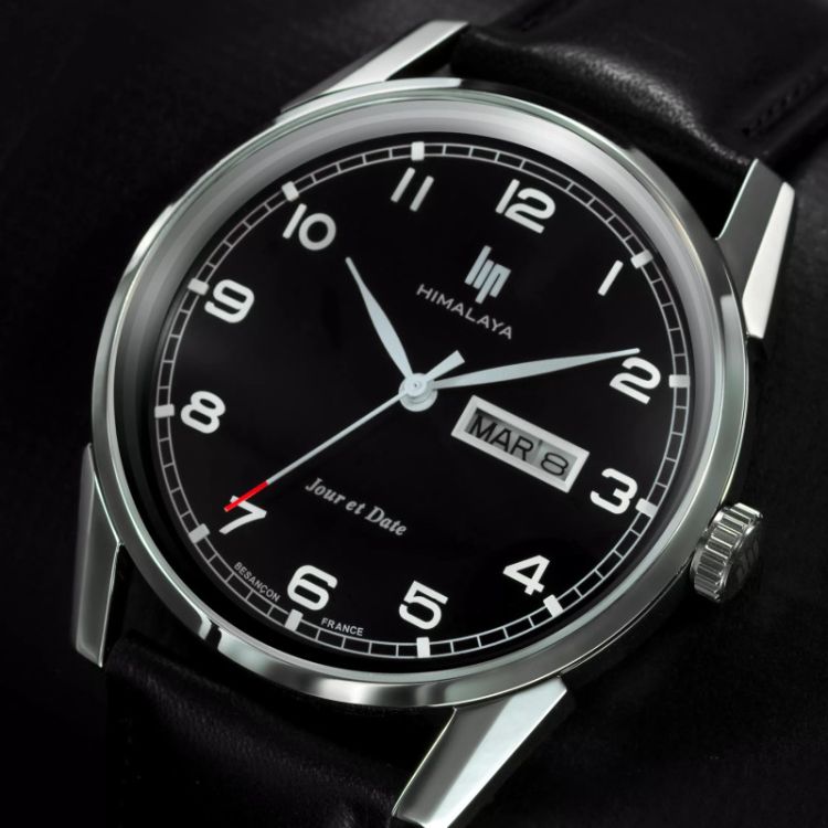 Cadran Montre LIP - Himalaya 40 mm - Jours et Date - Cadran Noir - Cuir Noir