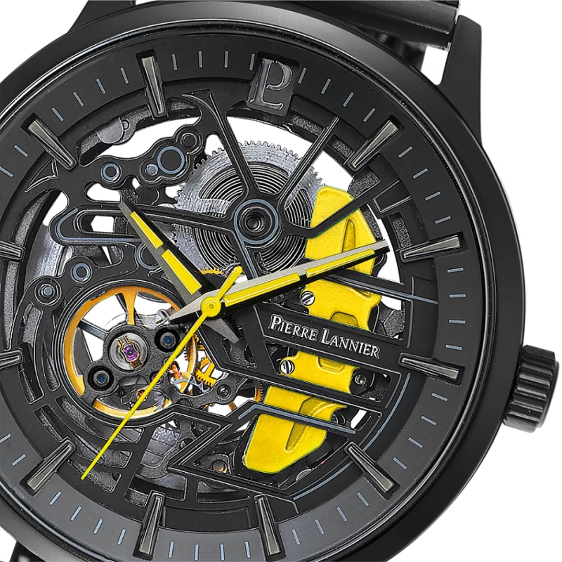 Cadran Montre Pierre Lannier - Paddock - Automatique - Squelette - Maille Milanaise Jaune