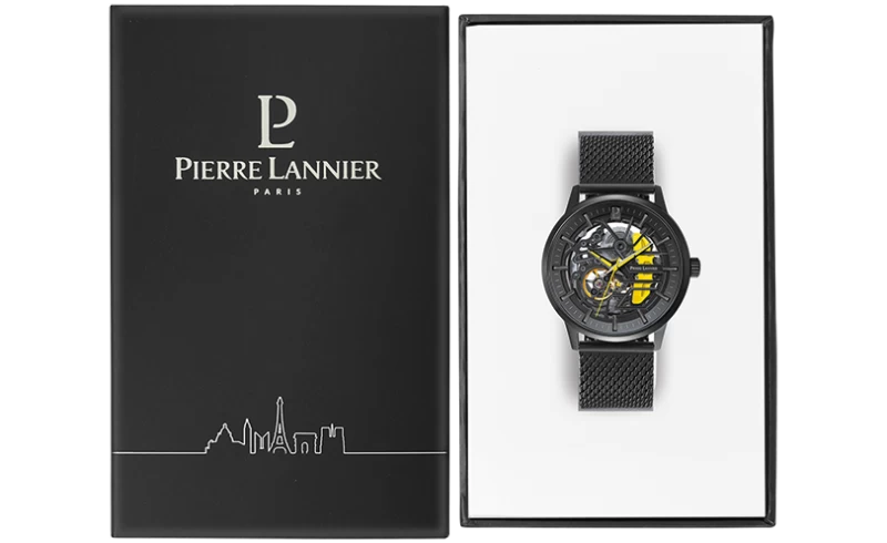 Coffret Montre Pierre Lannier - Paddock - Automatique - Squelette - Maille Milanaise Jaune