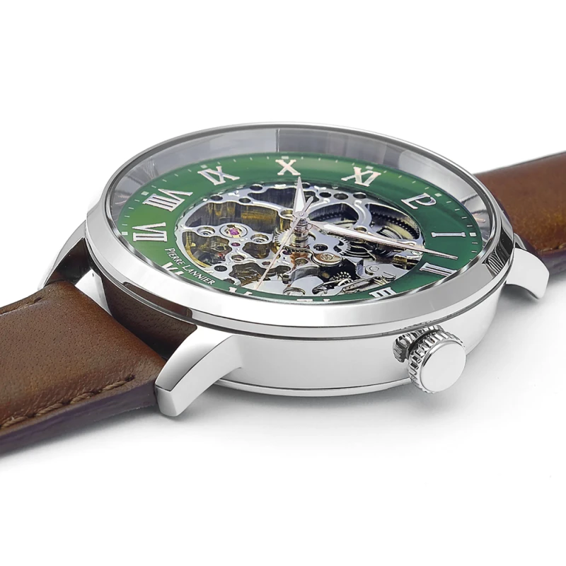 Cadran Montre Pierre Lannier - Automatic - Squelette - Cuir Marron Cadran Vert