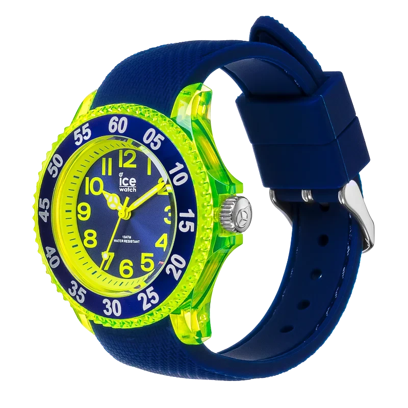 Montre enfant ICE Cartoon Spaceship bleu vif et jaune fluo, idéale pour apprendre l’heure. Style fun, silicone confortable. Comm