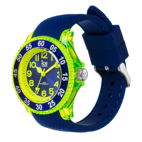 Montre enfant ICE Cartoon Spaceship bleu vif et jaune fluo, idéale pour apprendre l’heure. Style fun, silicone confortable. Comm