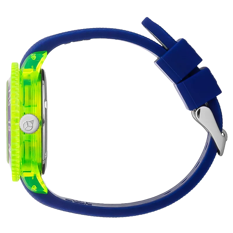 Montre enfant ICE Cartoon Spaceship bleu vif et jaune fluo, idéale pour apprendre l’heure. Style fun, silicone confortable. Comm