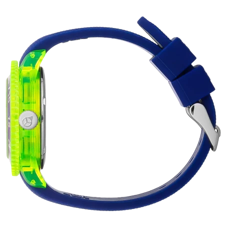 Montre enfant ICE Cartoon Spaceship bleu vif et jaune fluo, idéale pour apprendre l’heure. Style fun, silicone confortable. Comm