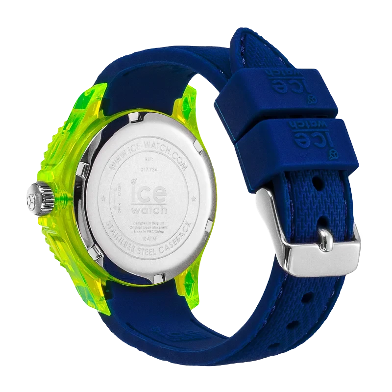Montre enfant ICE Cartoon Spaceship bleu vif et jaune fluo, idéale pour apprendre l’heure. Style fun, silicone confortable. Comm