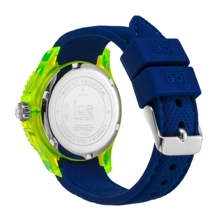 Montre enfant ICE Cartoon Spaceship bleu vif et jaune fluo, idéale pour apprendre l’heure. Style fun, silicone confortable. Comm