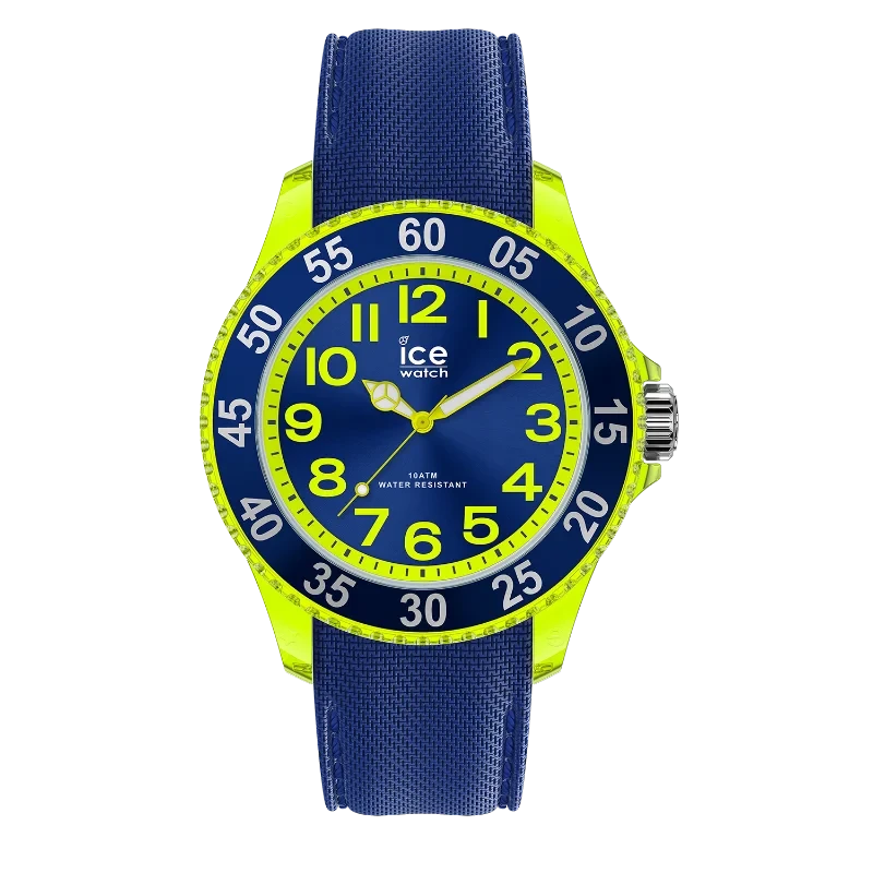 Montre enfant ICE Cartoon Spaceship bleu vif et jaune fluo, idéale pour apprendre l’heure. Style fun, silicone confortable. Comm