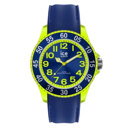 Montre enfant ICE Cartoon Spaceship bleu vif et jaune fluo, idéale pour apprendre l’heure. Style fun, silicone confortable. Comm