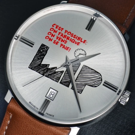 Découvrez la montre LIP C'est Possible Version 2 (réf. 671956) : cadran argenté soleillé, boîtier acier 38 mm, mouvement quartz