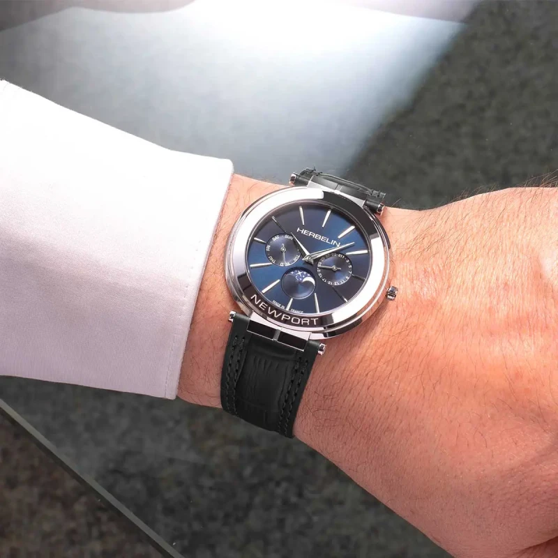 Michel Herbelin Newport Slim Quartz 12722AP15 Bleu Cuir Alligator