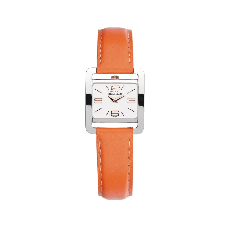 Michel Herbelin V Avenue Quartz Blanc Laqué 17137TR11MD Cuir Orange