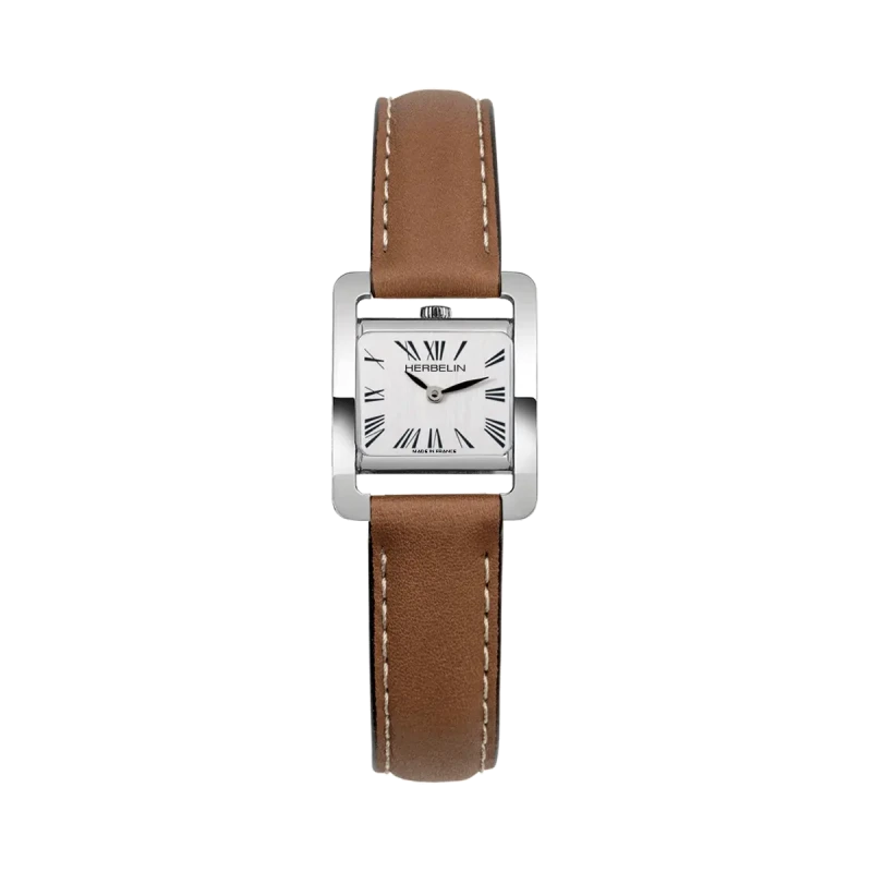 Michel Herbelin V Avenue Quartz Argent Brossé 17037AP01GD Cuir Brun