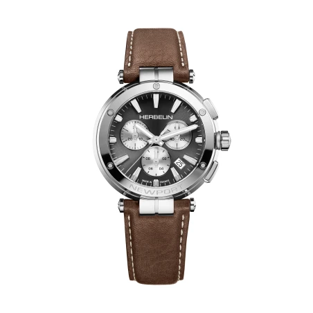 NEWPORT – CHRONOGRAPHE – GRIS, BLANC & CUIR BRUN | Club de la Montre