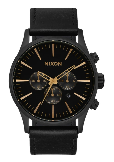 Montre Nixon - Sentry Chrono Leather - Matte Black / Gold / Black