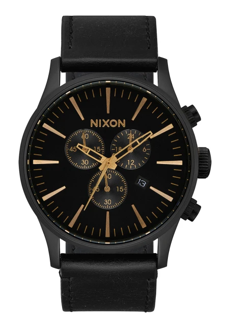 Montre Nixon - Sentry Chrono Leather - Matte Black / Gold / Black
