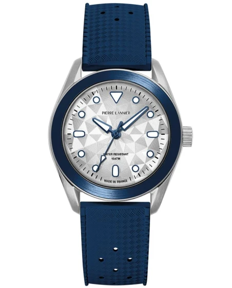 Montre Pierre Lannier - Quartz Mixte BORA Argenté Cadran Soleillé Argenté Bracelet Caoutchouc FKM Bleu 20MM - 207K126