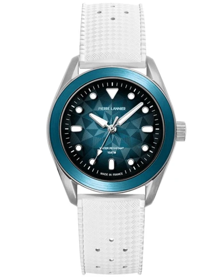Montre Pierre Lannier - Quartz Mixte BORA Argenté Cadran Soleillé Bleu Bracelet Caoutchouc FKM Blanc 20MM - 207K161