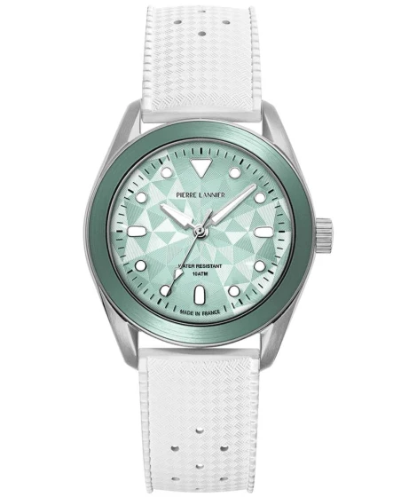 Montre Pierre Lannier - Quartz Mixte BORA Argenté Cadran Soleillé Vert Bracelet Caoutchouc FKM Blanc 20MM - 207K171