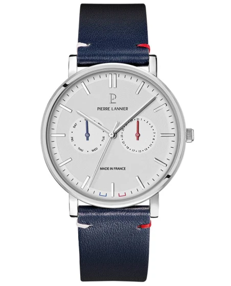 Montre Pierre Lannier - Quartz Homme ESSENTIAL Argenté Cadran Blanc Bracelet Cuir Bleu 20MM - 206J106