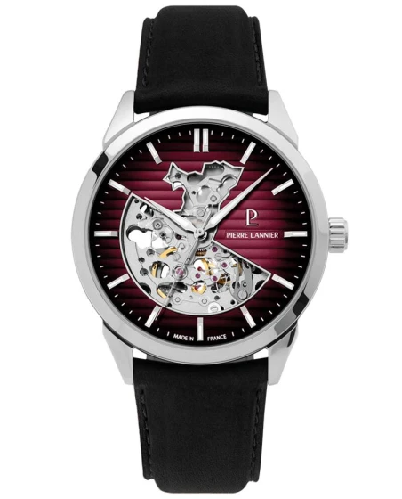 Montre Pierre Lannier - Automatique Homme MONARCK Argenté Cadran Alsace Bordeaux Bracelet Cuir Noir 22MM - 315D153