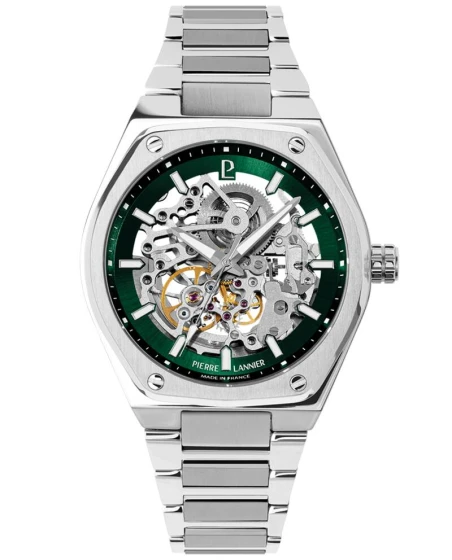 Montre Pierre Lannier - Automatique Homme COPILOTE Argenté Cadran Soleillé Vert Bracelet Acier Argenté 22MM - 308G171