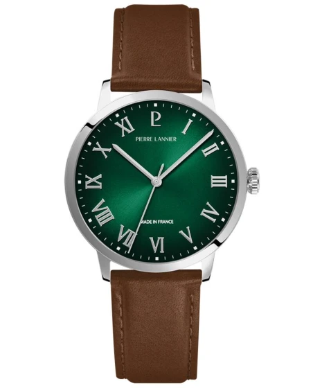 Montre Pierre Lannier - Quartz Homme INTERVAL Argenté Cadran Soleillé Vert Bracelet Cuir Brun 20MM - 255G174