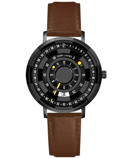 Montre Pierre Lannier - Quartz Homme BLACKJACK Noir Cadran Soleillé Noir Bracelet Cuir Brun 18MM - 254D434