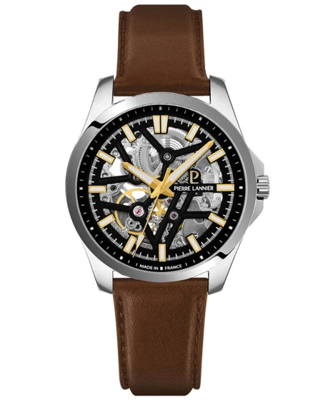 Montre Pierre Lannier - Automatique Homme SKELETOM Argenté Cadran Soleillé Noir Bracelet Cuir Brun 20MM - 304G134