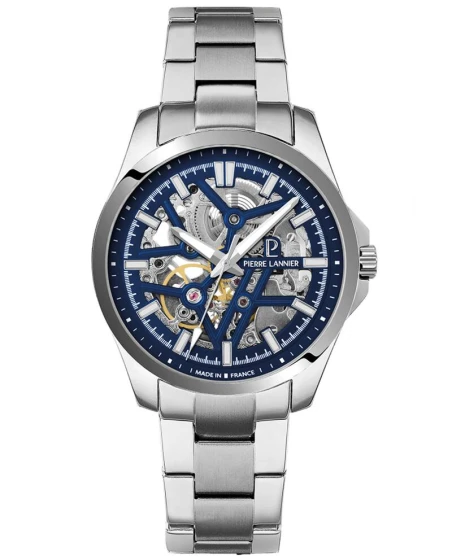Montre Pierre Lannier - Automatique Homme SKELETOM Argenté Cadran Soleillé Bleu Bracelet Acier Argenté 20MM - 304G161