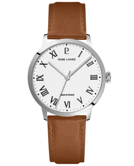 Montre Pierre Lannier - Quartz Homme INTERVAL Argenté Cadran Blanc Bracelet Cuir Brun 20MM - 255G104