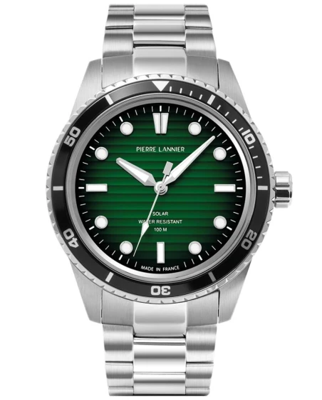 Montre Pierre Lannier - Solaire Homme INTI Argenté Cadran Fumé Vert Bracelet Acier Argenté 22MM - 244H171