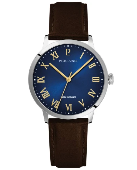 Montre Pierre Lannier - Quartz Homme INTERVAL Argenté Cadran Soleillé Bleu Bracelet Cuir Brun 20MM - 255G164