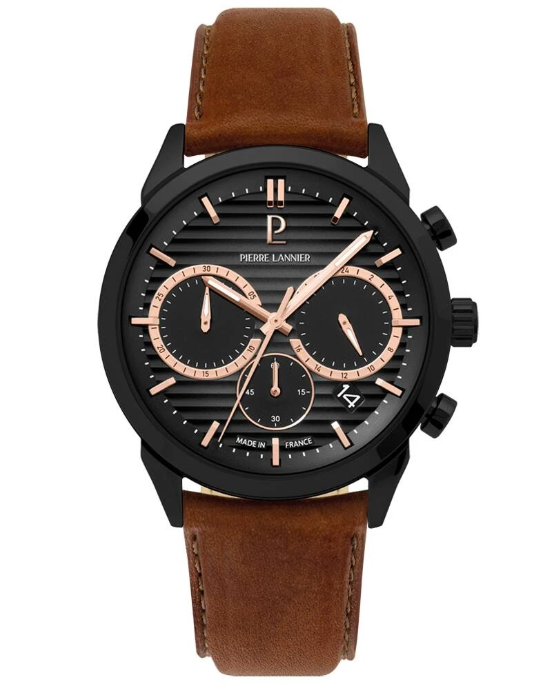 Montre Pierre Lannier - Quartz Homme MONARCK Noir Cadran Fumé Gris Bracelet Cuir Brun 22MM - 233D434