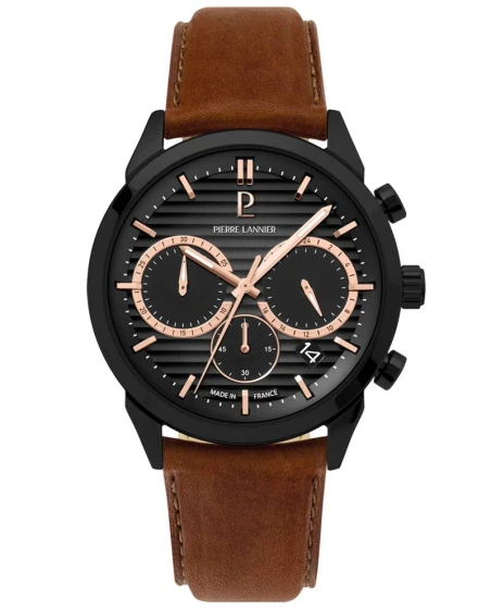 Montre Pierre Lannier - Quartz Homme MONARCK Noir Cadran Fumé Gris Bracelet Cuir Brun 22MM - 233D434