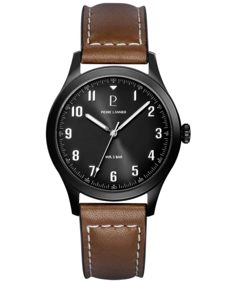 Montre Pierre Lannier - Quartz Homme AVIATEUR Noir Cadran Soleillé Gris Bracelet Cuir Brun 20MM - 261K434