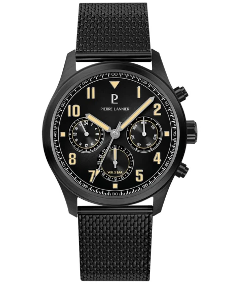 Montre Pierre Lannier - Quartz Homme AVIATEUR Noir Cadran Soleillé Gris Bracelet Acier milanais Noir 22MM - 258M439
