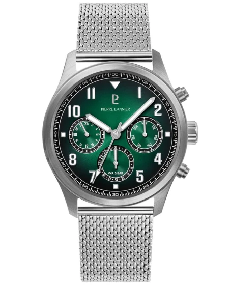 Montre Pierre Lannier - Quartz Homme AVIATEUR Argenté Cadran Soleillé Vert Bracelet Acier milanais Argenté 22MM - 257H171